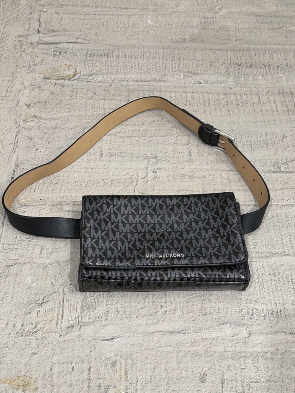 Michael Kors Black and Tan MK Monogram Belt Bag